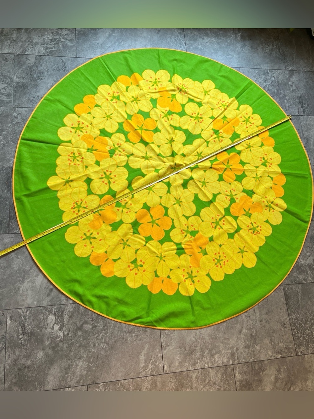 Vintage MCM deadstock 5’ round 60”  vibrant green, yell & orange tablecloth